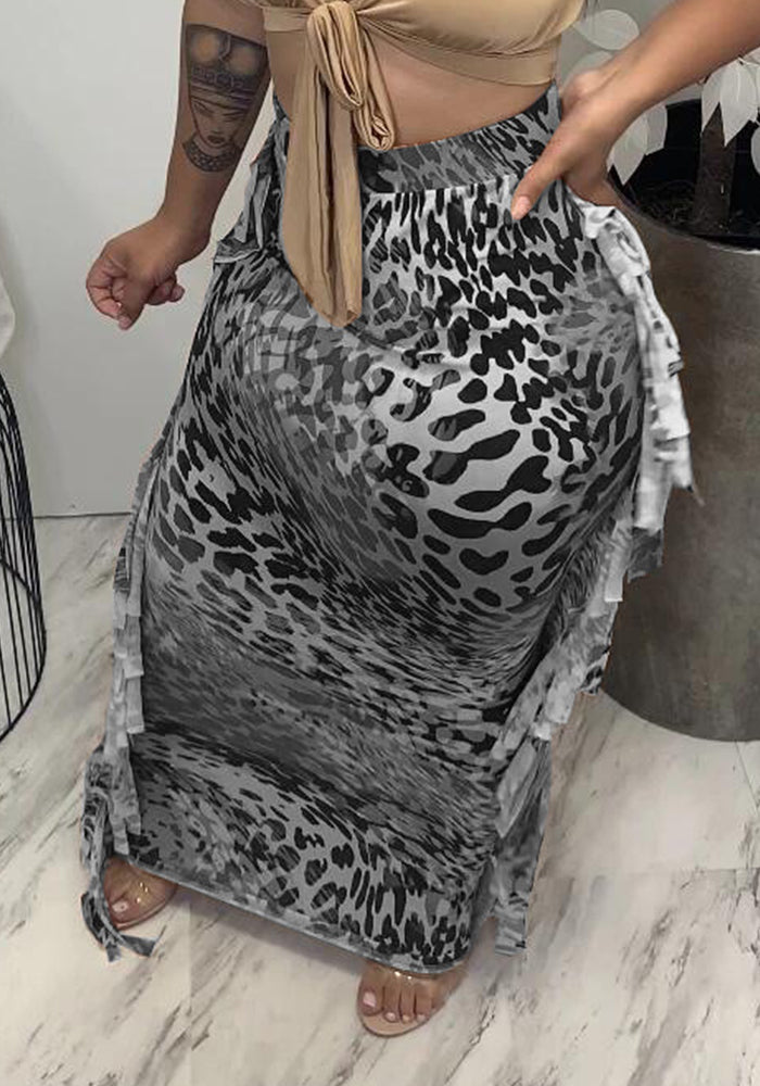 Leopard Print Tassel Long Skirt for Evening Outings