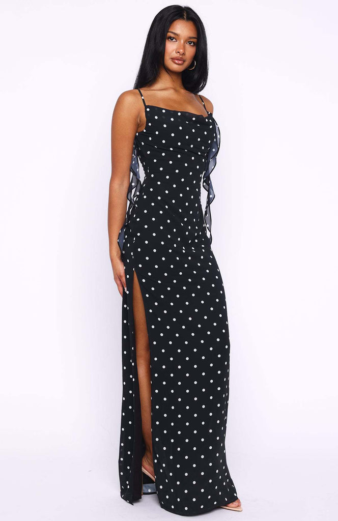 Polka Dot Strap Ruffle Slit Maxi Dress