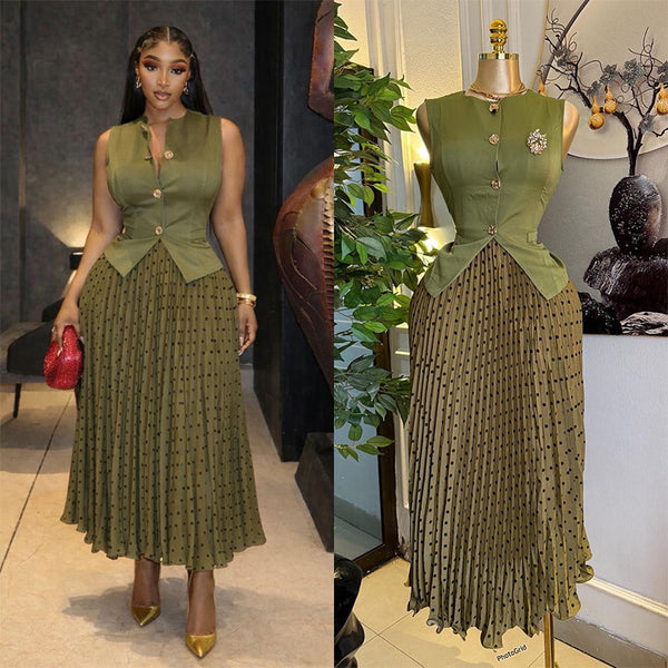 Sleeveless Vest & Pleated Skirt Set with African Design for Summer
