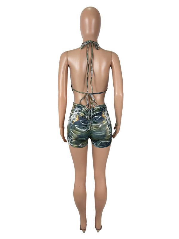 Color-Block Print Hollow Plunge Tie Jumpsuit for Parties