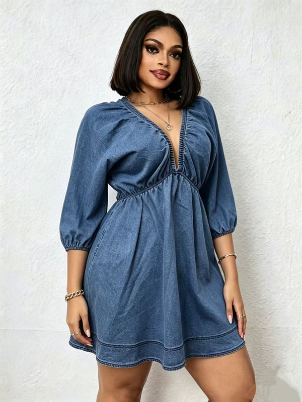 Denim V-Neck Puff Sleeve Pocket A-Line Mini Dress for Casual Outings