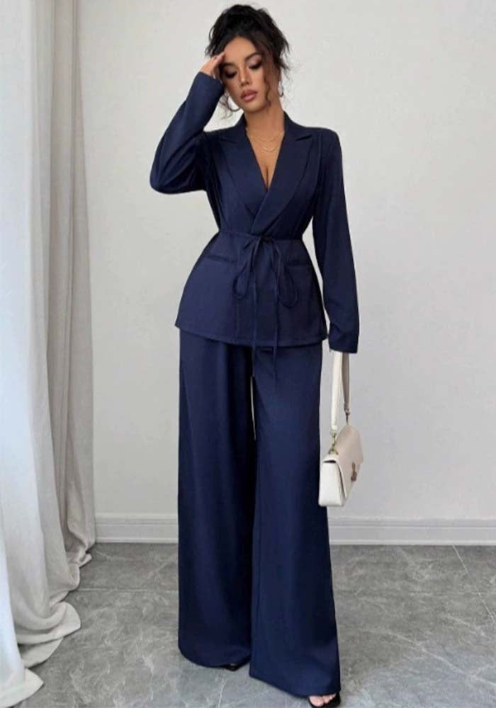 Women Long-Sleeved Blazer and Wide-Leg Pants Two-Piece Set