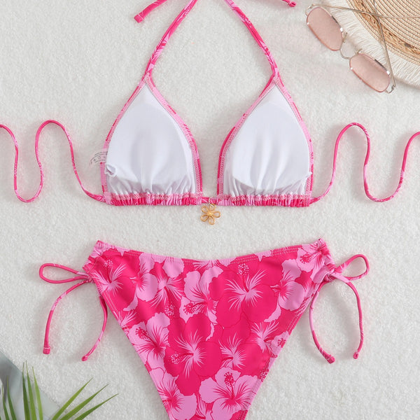 Women Printed Halter Neck Tie-Up Bikini Swimwear Two Pieces