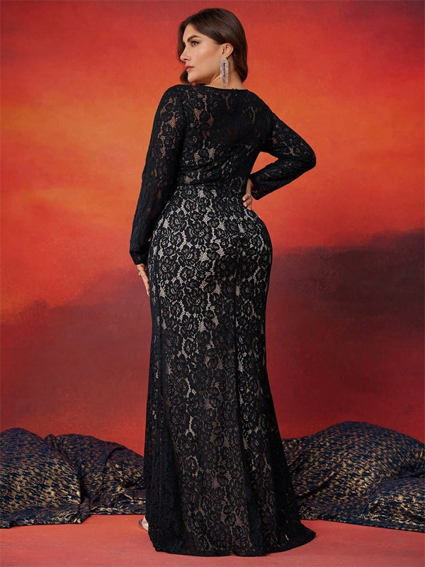 Plus Size Women Lace Contrast Round Neck Long Sleeve Dinner Evening Dress