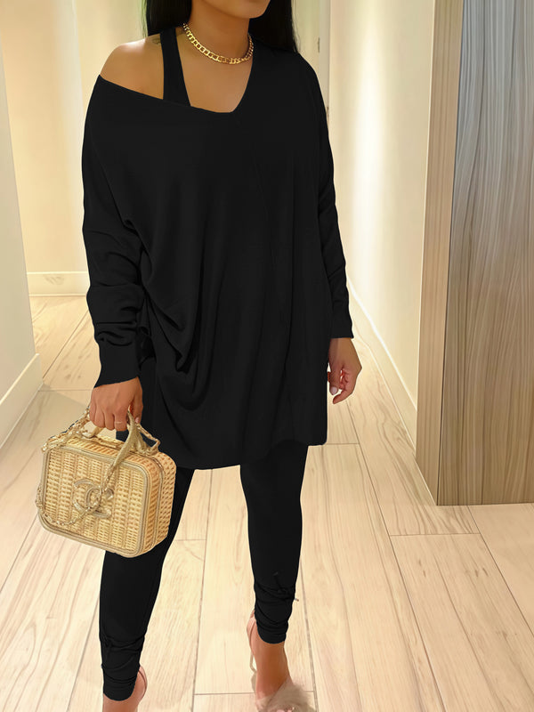 Women Elegant One-Shoulder Casual Top and Pant Two-Piece Set