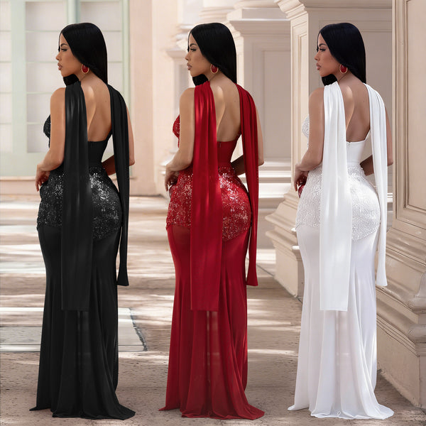 Mesh Camisole V-Neck Sequined Dress for Evening Parties