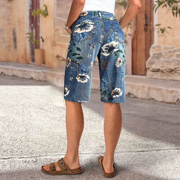 Women Floral Print Denim Wide-Leg Shorts
