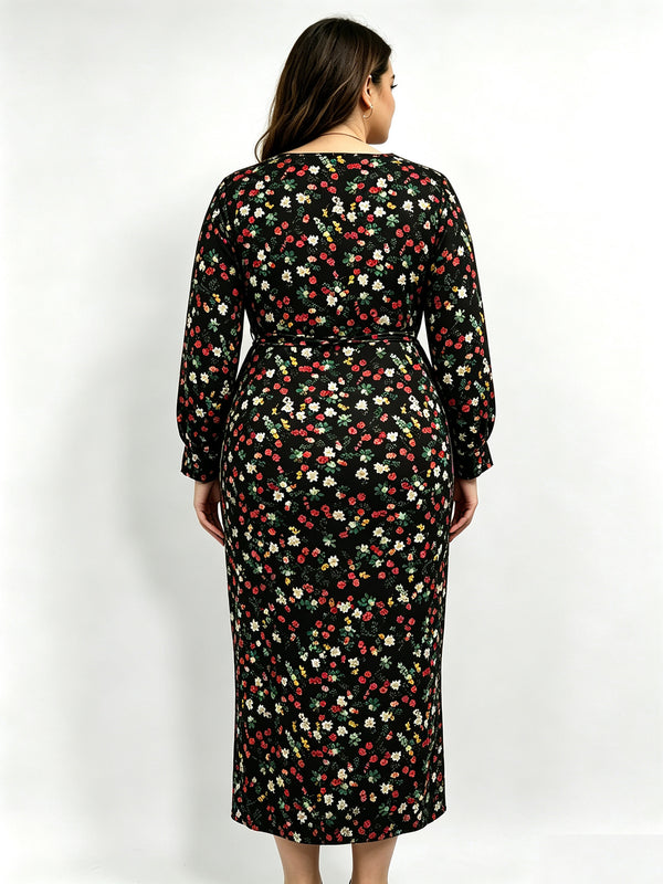 Plus Size Floral Long-Sleeve Slit Dress for Spring & Autumn