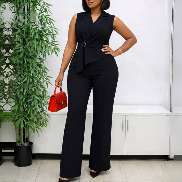 Sleeveless Turndown Collar Lace-Up Wide-Leg Jumpsuit for Summer