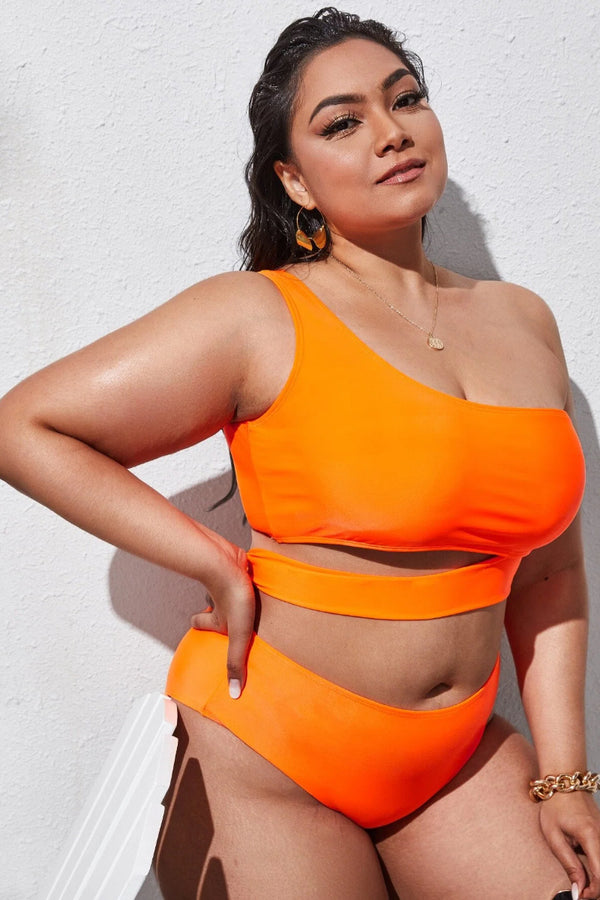 Plus Size One-Shoulder Lace-Up Two-Piece Swimsuit