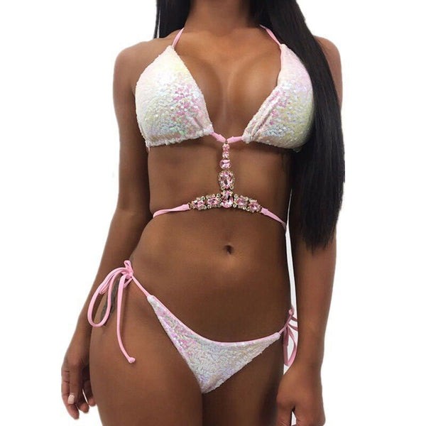 Sequined Diamond Two-Piece Bikini Swimsuit for Pool Parties