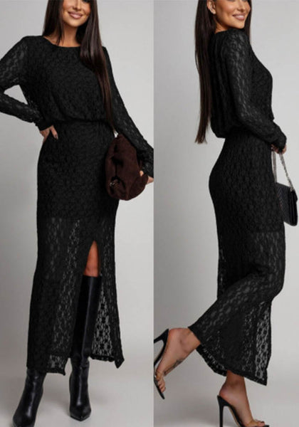 Women Spring Round Neck Long Sleeve Sexy Hollowed-out Lace Solid Slit Maxi Dress