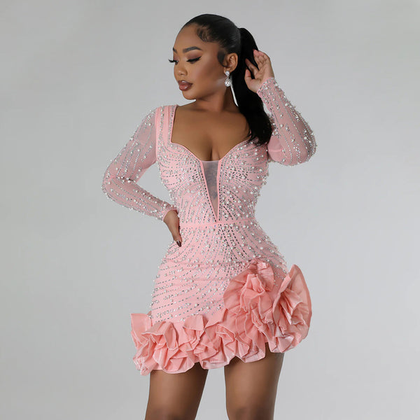 Beaded Long Sleeve Square Neck Dress for Evening Wear
