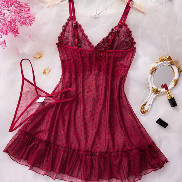 Women's Elegant Burgundy Mesh V-Neck Sexy Homewear Nightdress Two-Piece Set