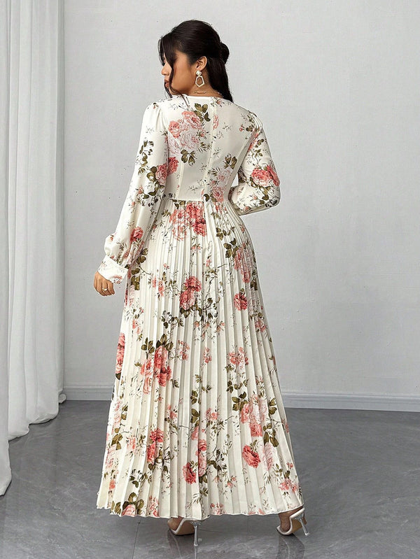 Plus Size Floral Printed V-Neck Long Sleeve Pleated Maxi Dress for Events