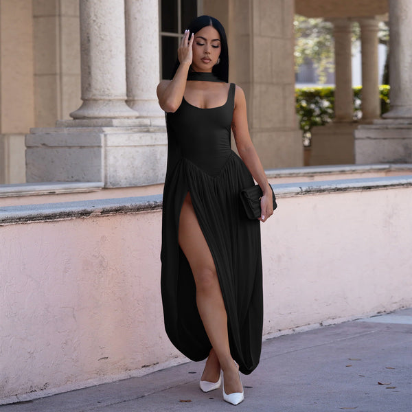 Solid Color Split Belted Dress Two-Piece Set for Parties