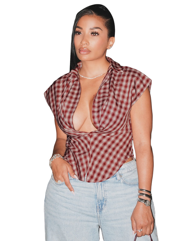 Plaid Turndown Collar Deep V Slim Waist Crop Top for Casual Summer