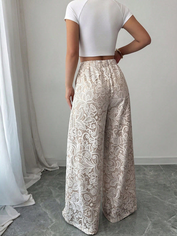Pleated Lace Hollow-Out Wide-Leg Pants for Casual Wear