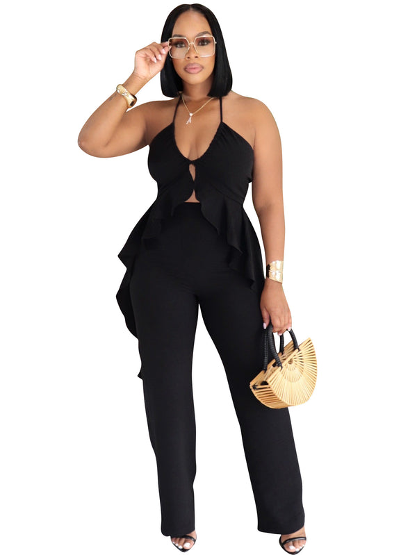 Irregular Halter Neck Top & Pants Set for Evening Wear