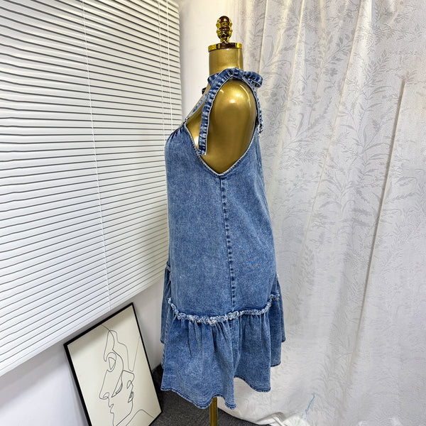Patchwork Spaghetti Strap Lace-Up Denim Dress for Summer Casual