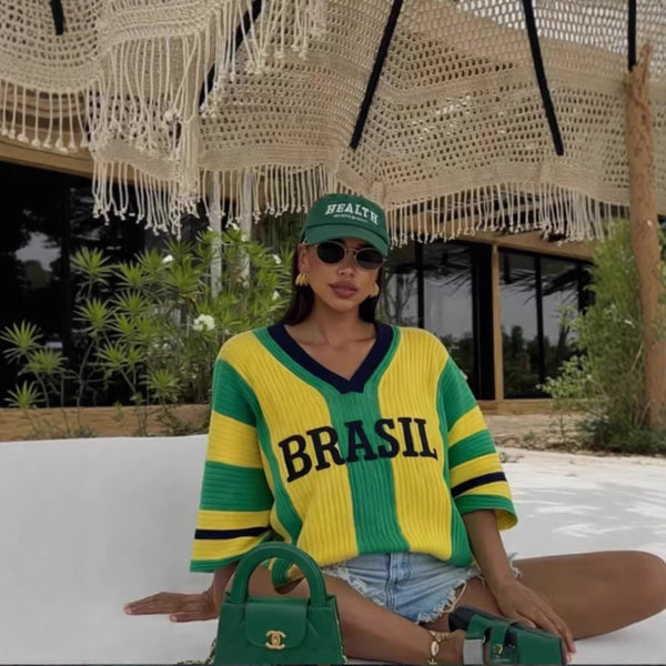 Loose Fit Letter Knit Sweater for Casual Spring Wear