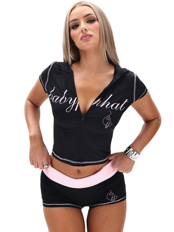 Letter Print Hoodie Crop Top & Colorblock Shorts Set for Activewear