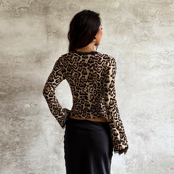 Women Leopard print patchwork lace rhinestone tie-up long-sleeved top