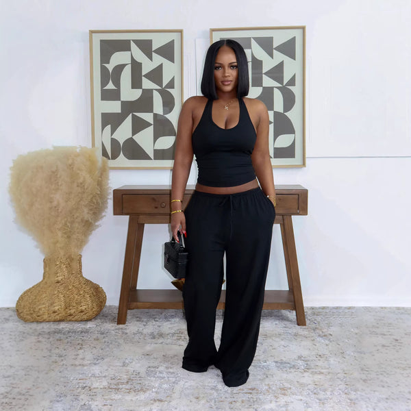Halter Top & High Waist Wide-Leg Pants Set for Summer Streetwear