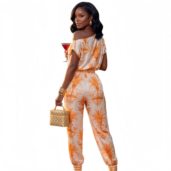 Slash Shoulder Printed Top & Pants Set for Casual Summer Outings