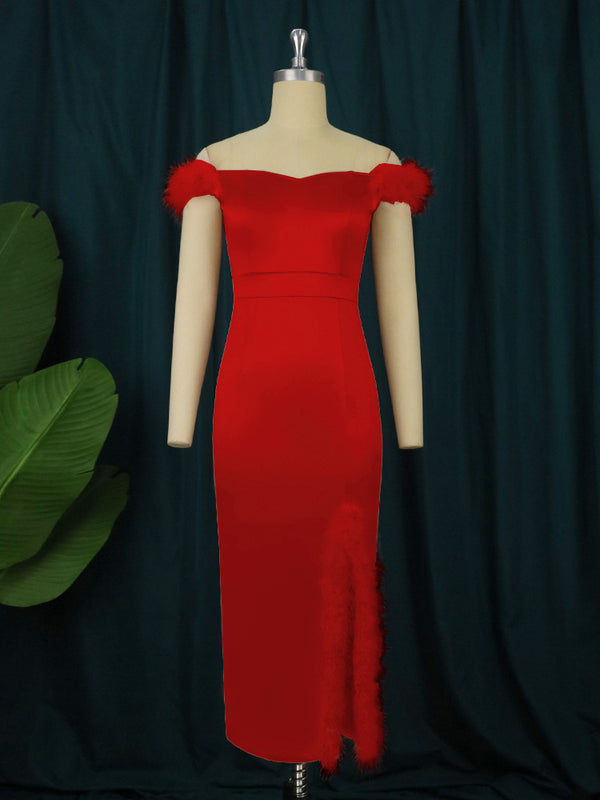 Women's Satin Red Feather Slit Bodycon Slim Waist Elegant Fashion Party Dress