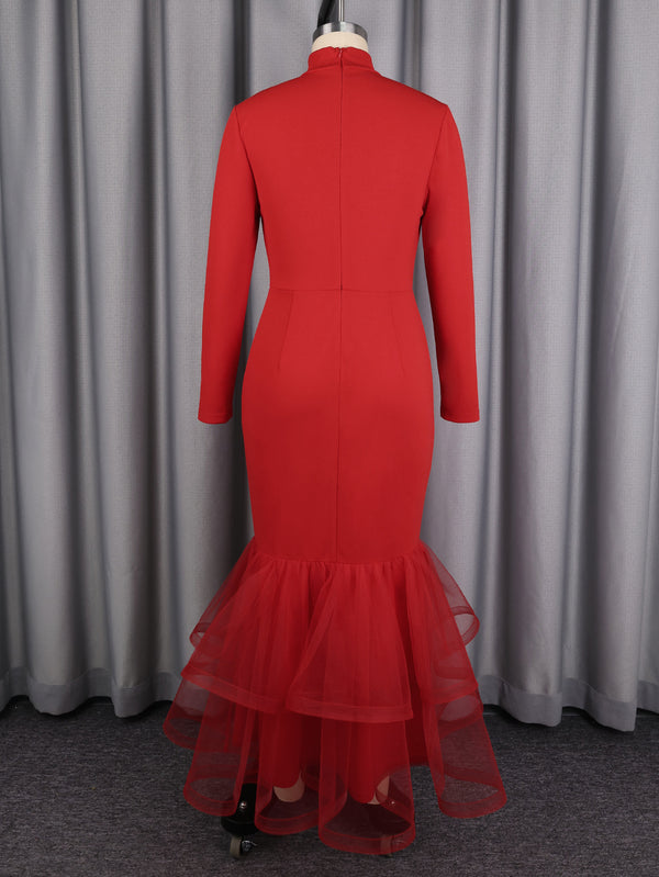 Red High Neck Long Sleeve Patchwork Mesh Mermaid Bodycon Dress for Events