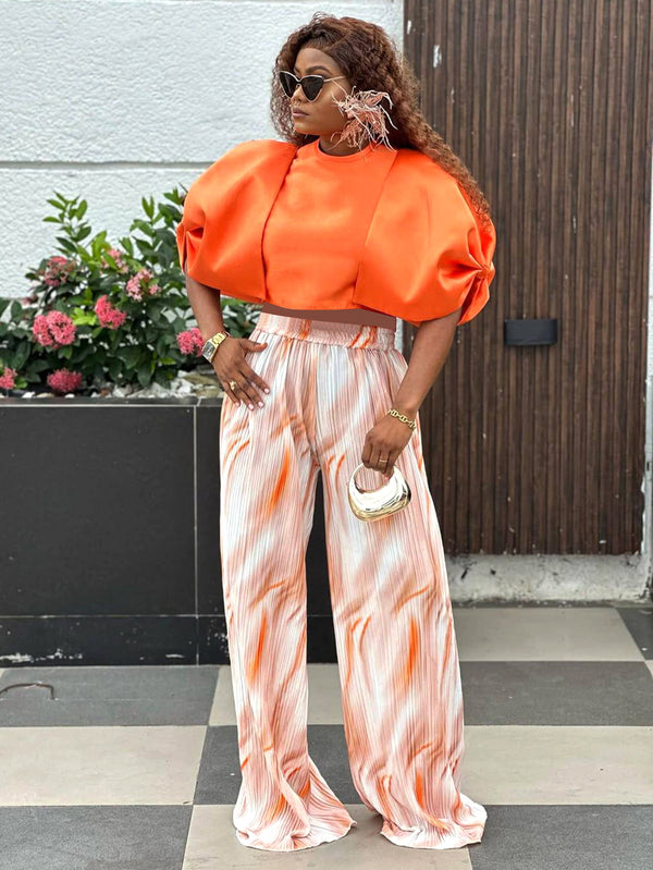 Plus Size Orange Puff Sleeve Crop Top & Striped Pants Set