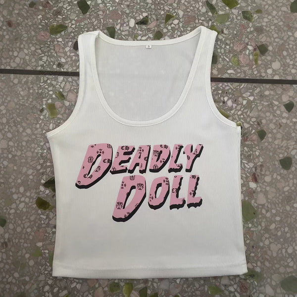 Letter Print U-Neck Ribbed Tank Top for Spring Activewear