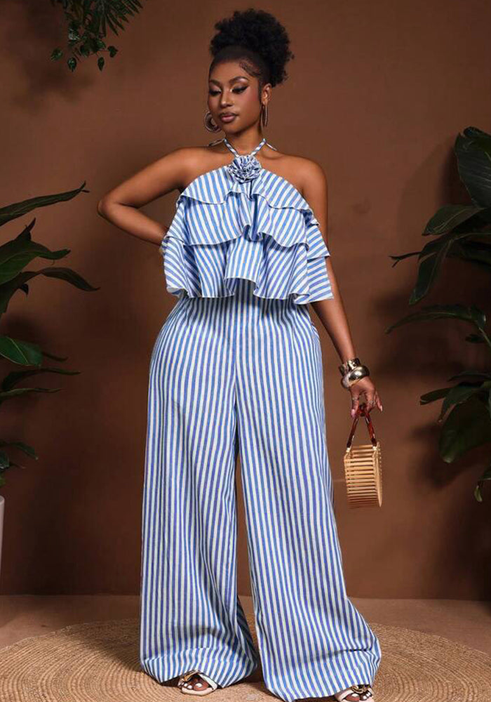 Belted Halter Backless Striped Jumpsuit for Elegant Outings