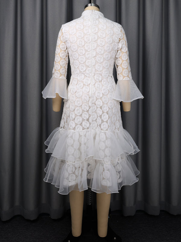 White Lace Stand Collar See-Through Cascading Ruffles Bell Bottom Sleeve Dress for Bridesmaids