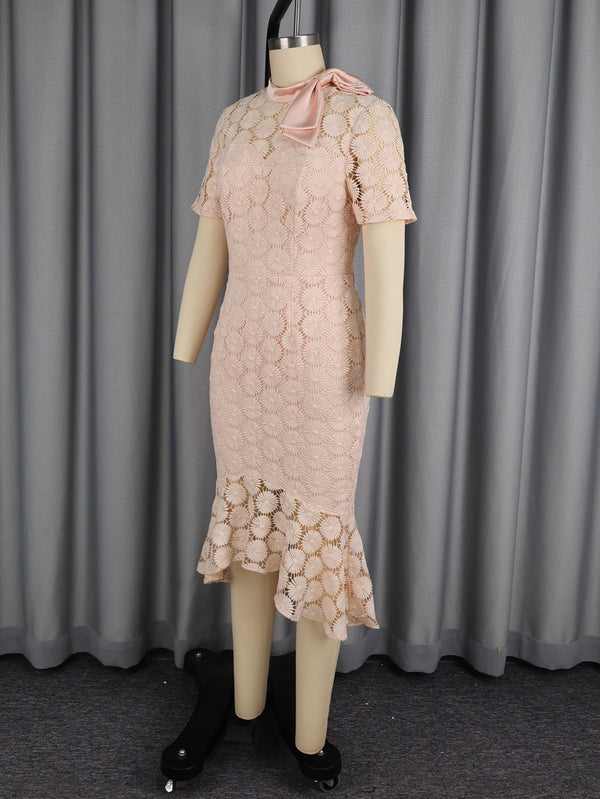 Lace Pattern Round Neck Bow Bodycon Mermaid Dress for Bridesmaids