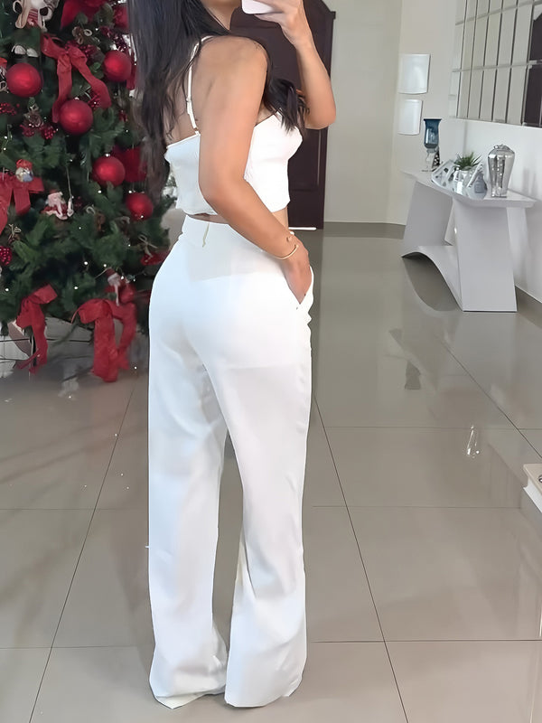 Strap Cut-Out Shell Button Vest & Pants Set for Holidays