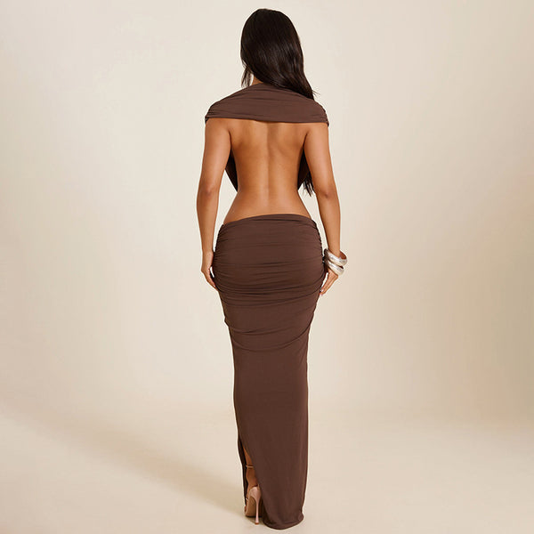 Solid Sleeveless Halter Low Back Bodycon Maxi Dress for Summer