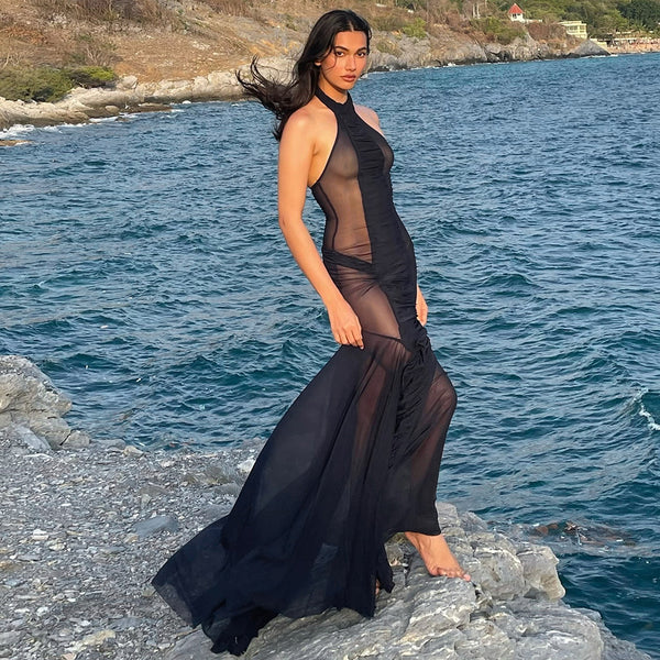 Halter Backless Mesh Patchwork See-Through Dress for Spring