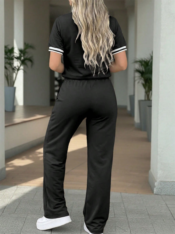 Color Block Polo Zipper Collar Short Sleeve Top & Pants Set for Casual Wear