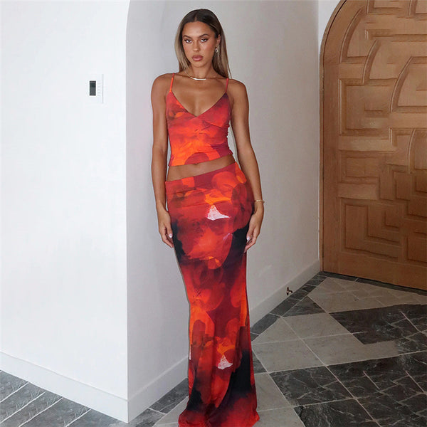 Women Summer Sexy Print Suspender Top Bodycon SkirtTwo Piece Set