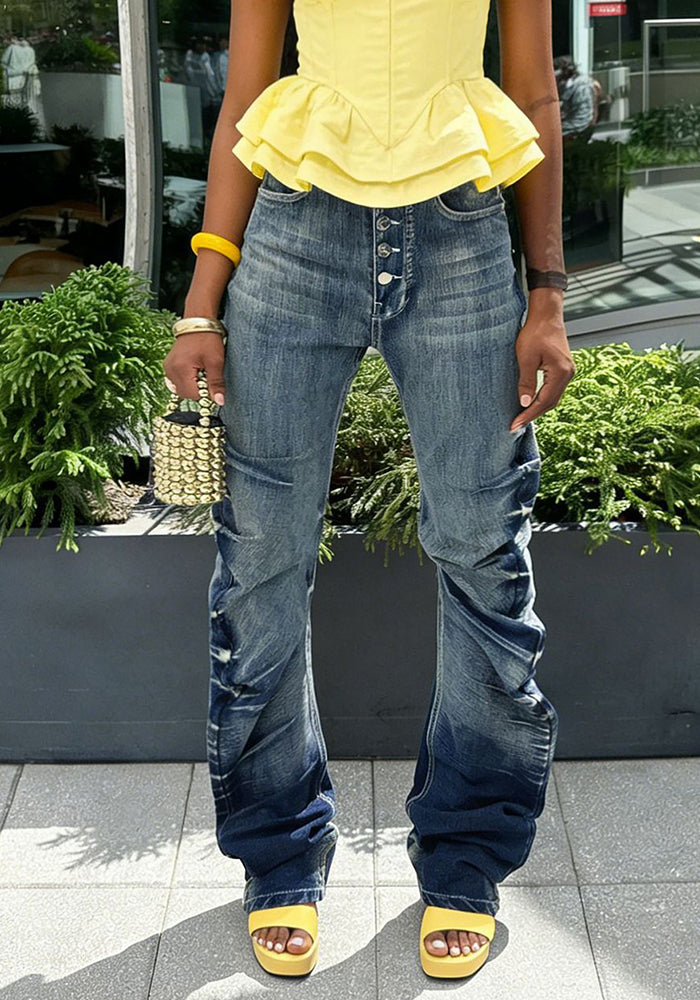 Pleated Washed Denim Jeans for Casual Streetwear