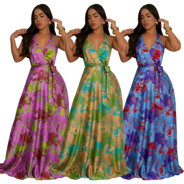 Printed V-Neck Halter Low-Back Maxi Dress for Evening Parties