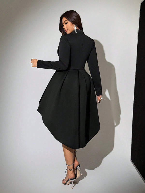 Plus Size Black Blazer-Style Turndown Collar Deep V-Neck High-Low Asymmetrical A-Line Dress