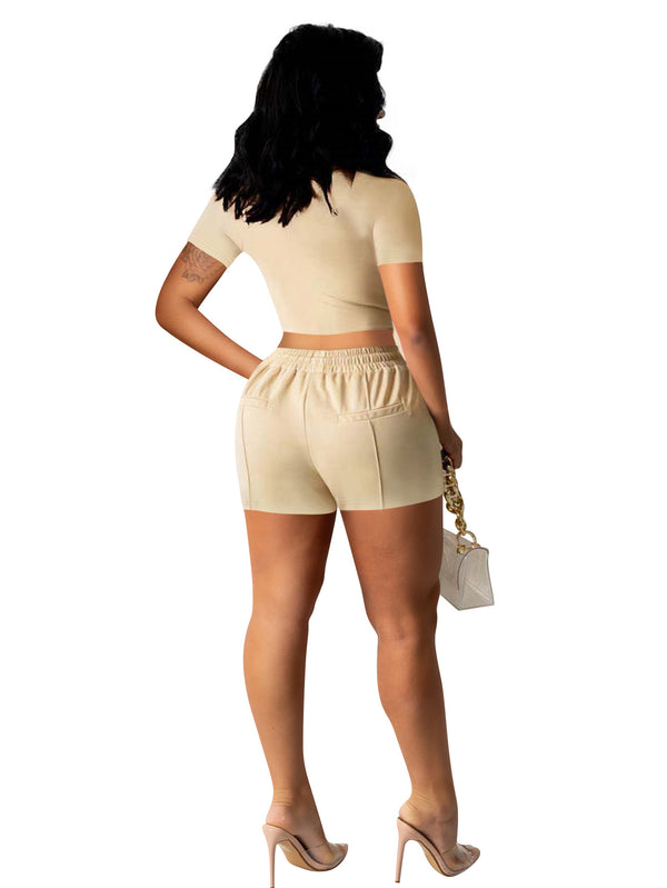 Women's Casual Solid Color Square Neck Short Sleeve Top Drawstring Pocket Shorts Two-Piece Set