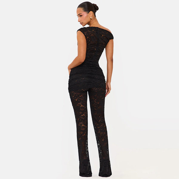 Solid See-Through Lace Two-Piece Pants Set for Club Wear