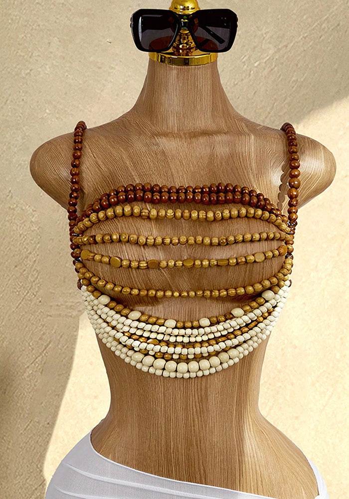 Multi-Layer Brown Beaded Halter Necklace for Summer Festivals