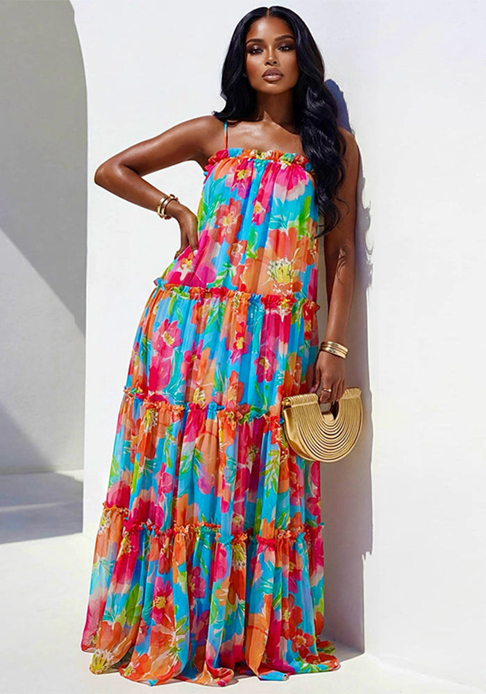 Ruffled Loose Printed Strap Dress for Summer Casual