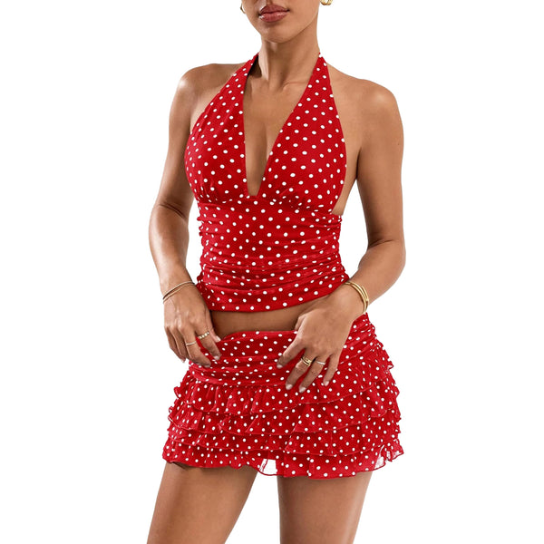 Polka Dot Halter Neck Top & Ruffle Edge Mini Skirt Set for Party Wear