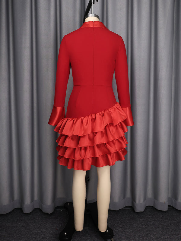 Red Patchwork Turndown Collar Long Sleeve Ruffled Bodycon Dress for Parties